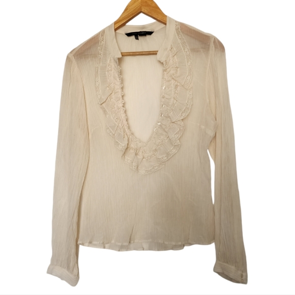 Zara creme ruffled vneck buttondown longsleeve top - Picture 1 of 10